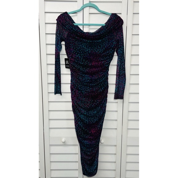 Express Off The Shoulder Long Sleeve Mesh Ruched Bodycon Dress Size Medium NWT - Picture 10 of 10